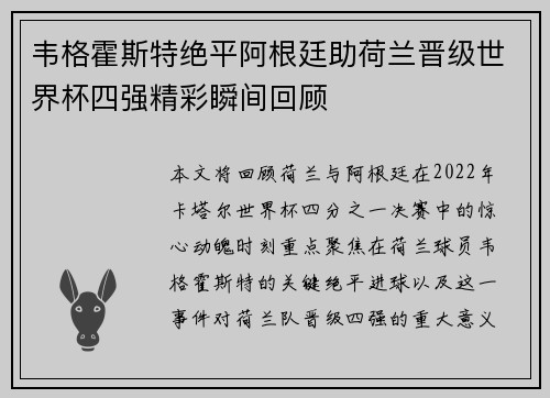 韦格霍斯特绝平阿根廷助荷兰晋级世界杯四强精彩瞬间回顾